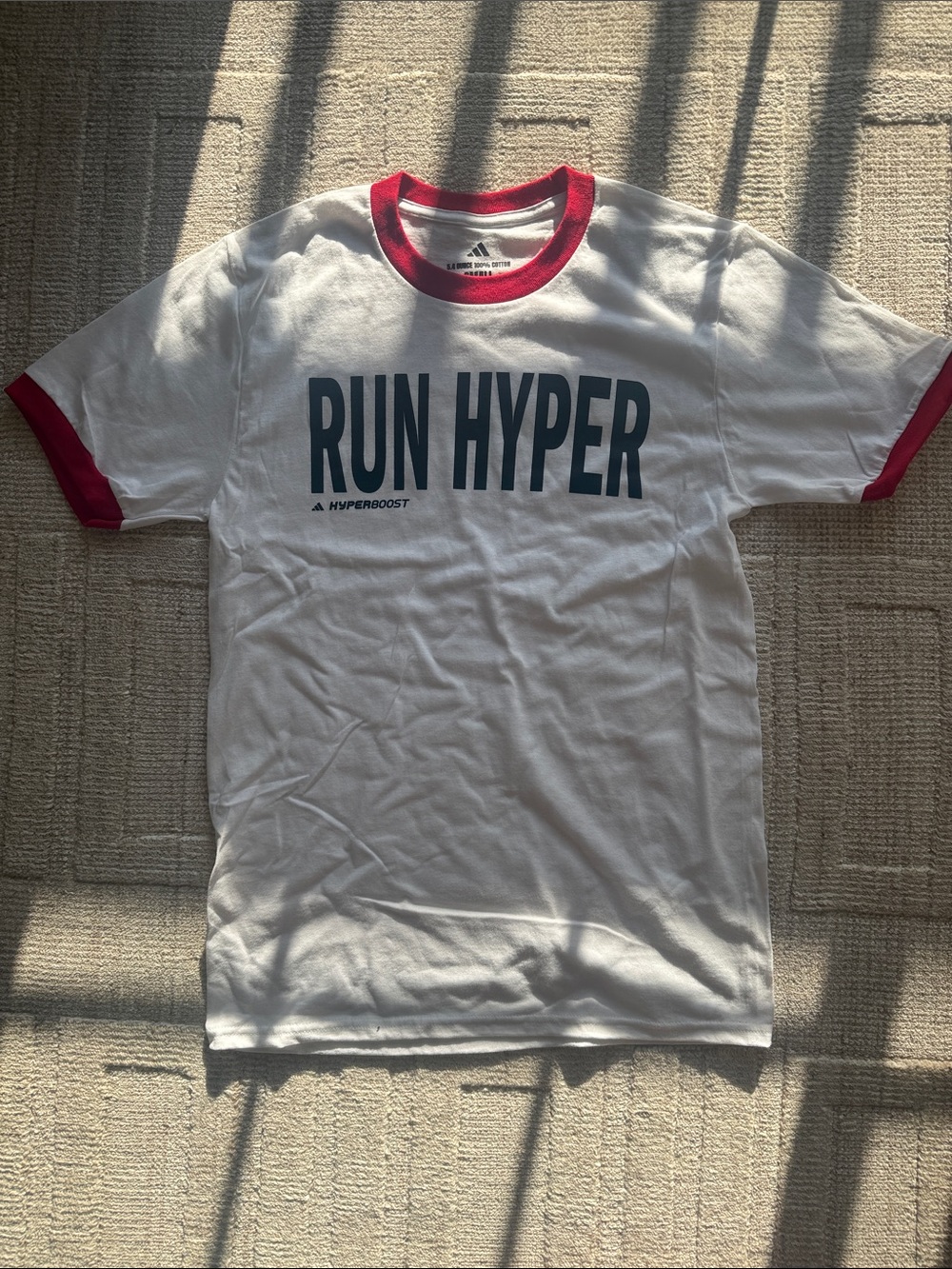 adidas White T-Shirt with Red Ringer detail and RUN HYPER Print